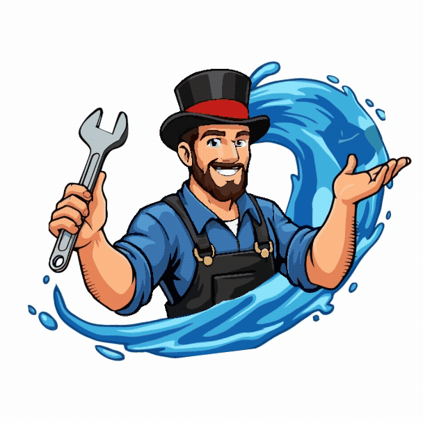 Cartoon mechanic holding a wrench, smiling in blue overalls and top hat, surrounded by a blue splash.