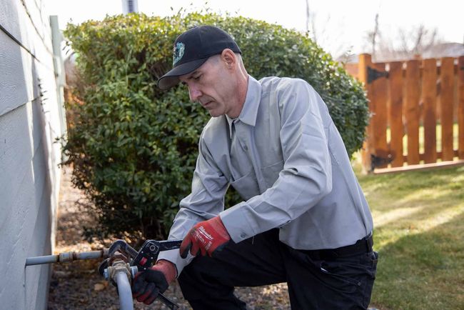 Man trimming a hedge with red gloves beside a house in a sunny yard