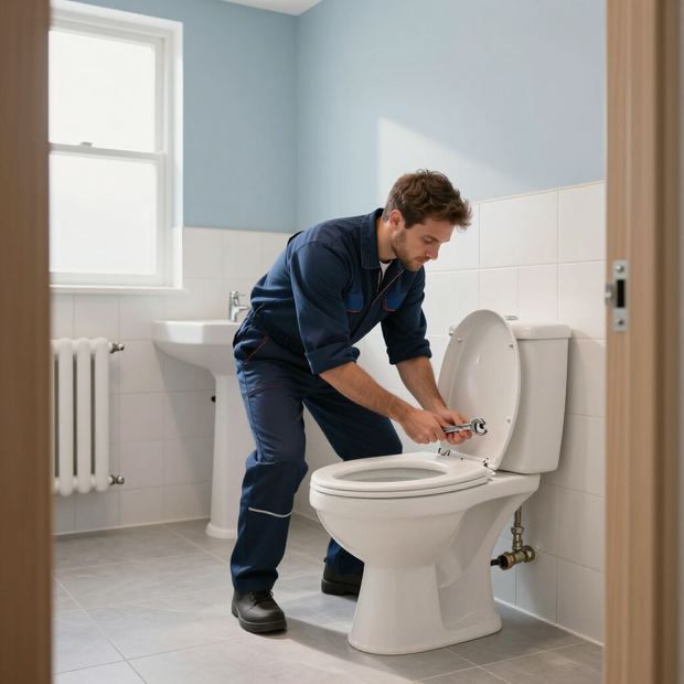 Plumber in blue workwear inspecting a toilet in a light blue bathroom