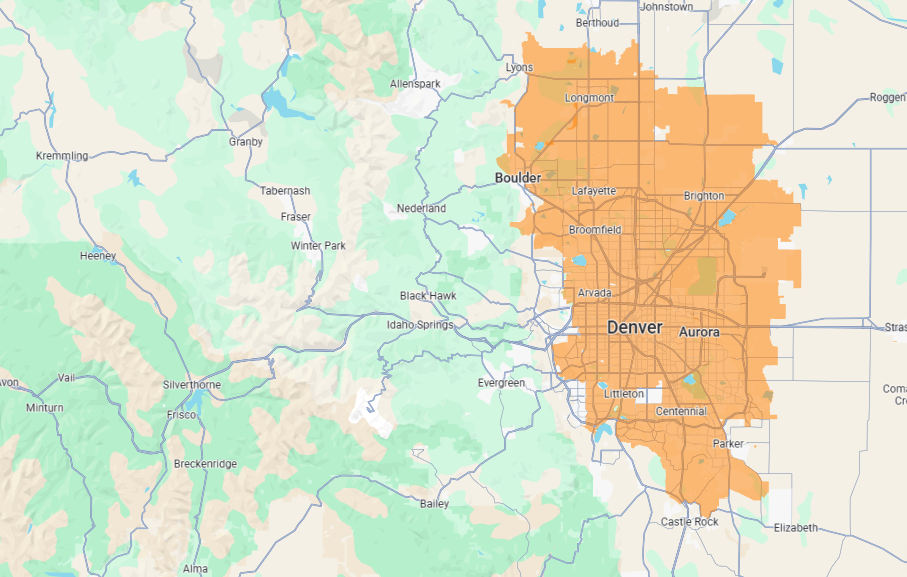 Map of Cedar area with orange shaded region over roads and green terrain background