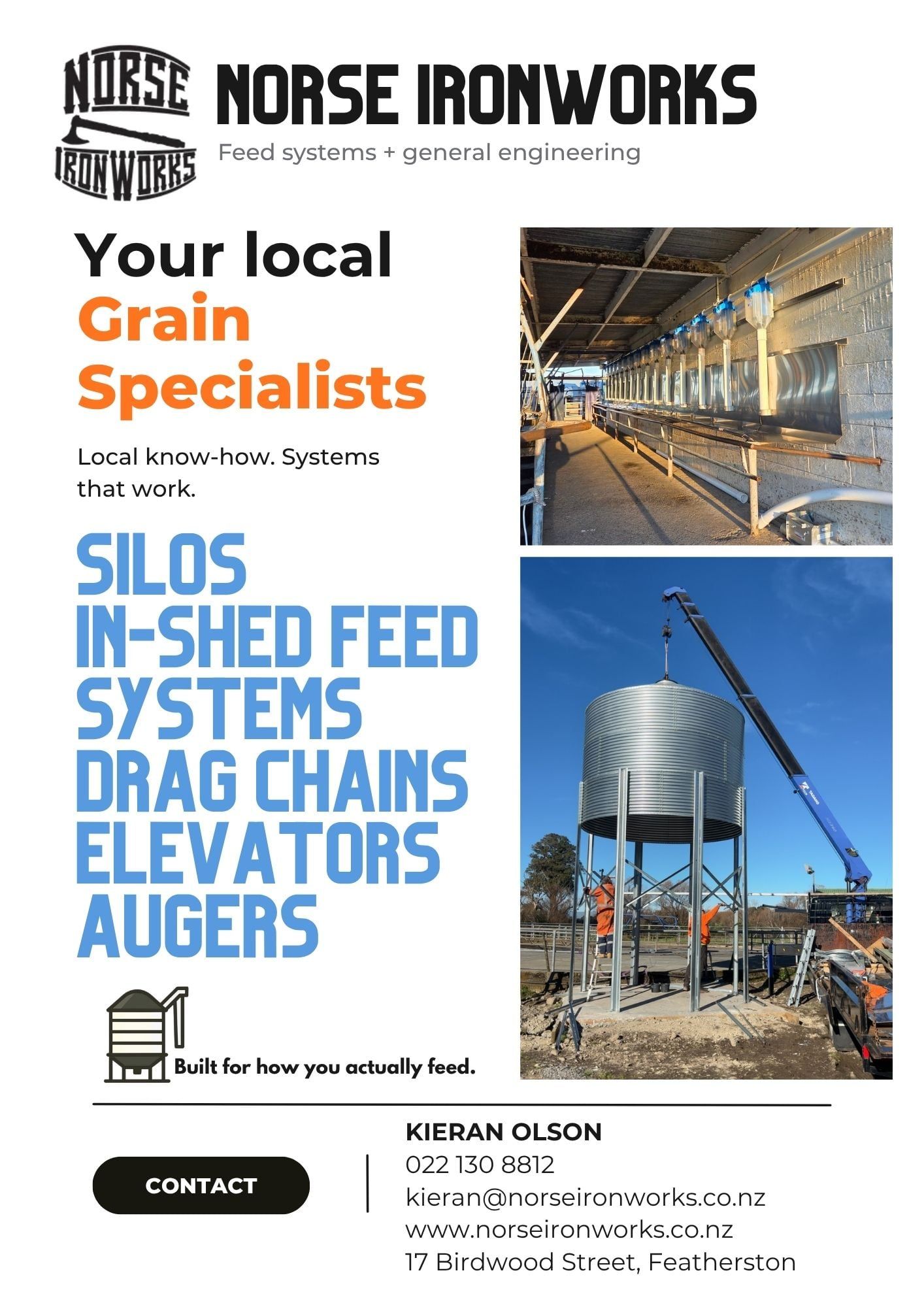 Morse Ironworks grain equipment ad with silos, augers, elevators, drag chains and industrial facility photos