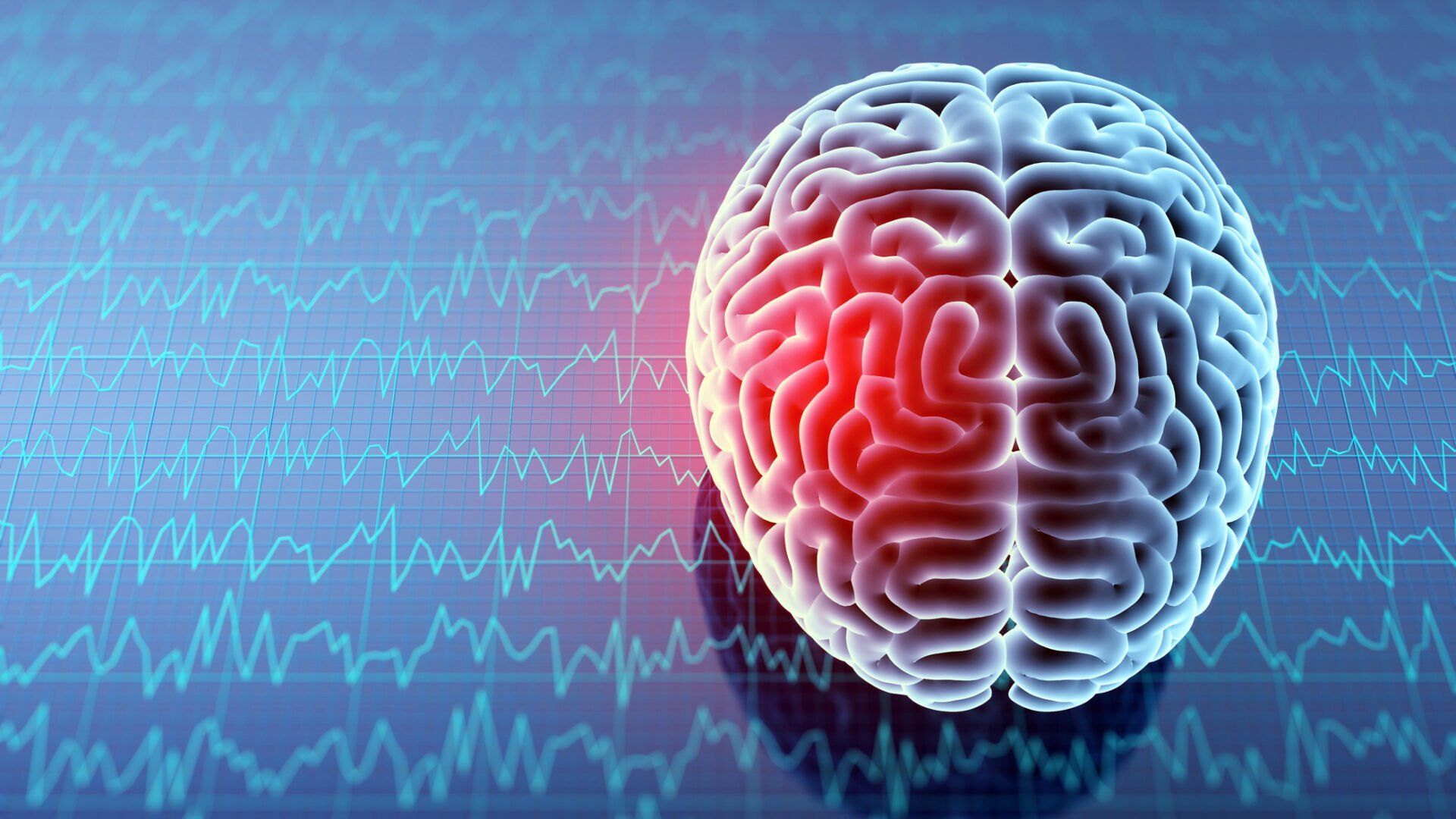 A 3D rendering of a human brain with a glowing red highlight, set against a blue background of EEG wave patterns.