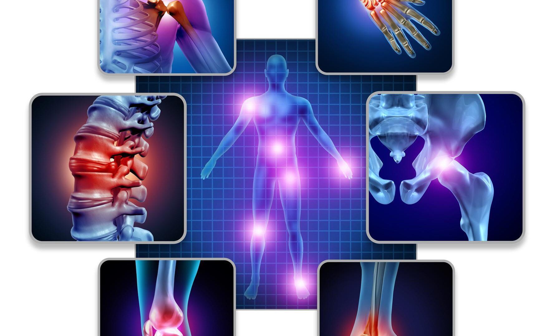 A medical diagram showing a human silhouette with glowing pain points, surrounded by images of spine, joint, and bone pain.