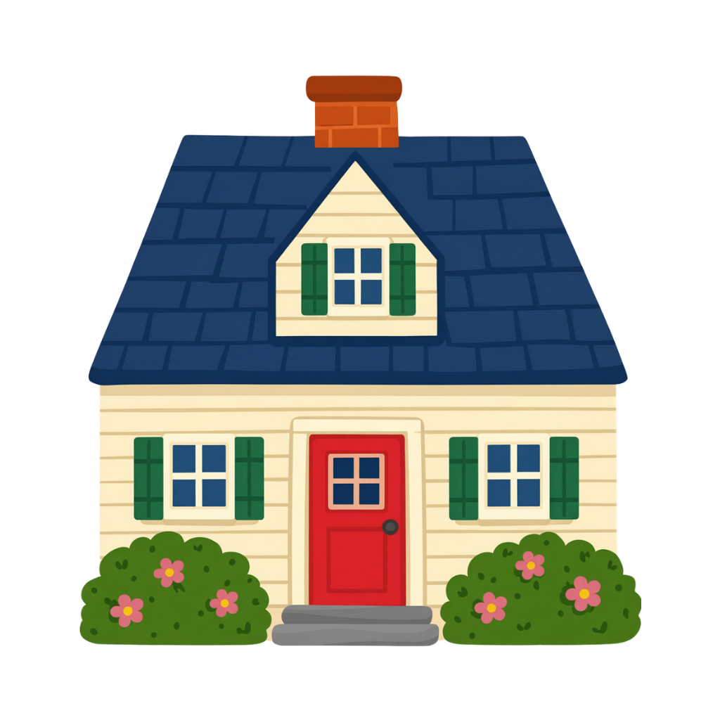 Small cream house with blue roof, red door, green shutters, and flower bushes in front