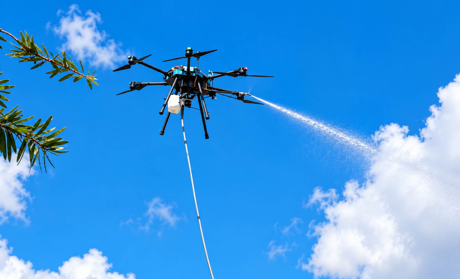 Drone on a terracotta tile roof beside solar panels in a sunny suburban neighborhood