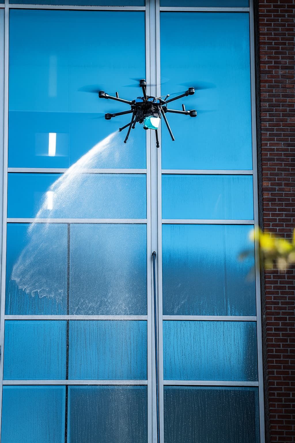 Drone spraying water on a blue building window