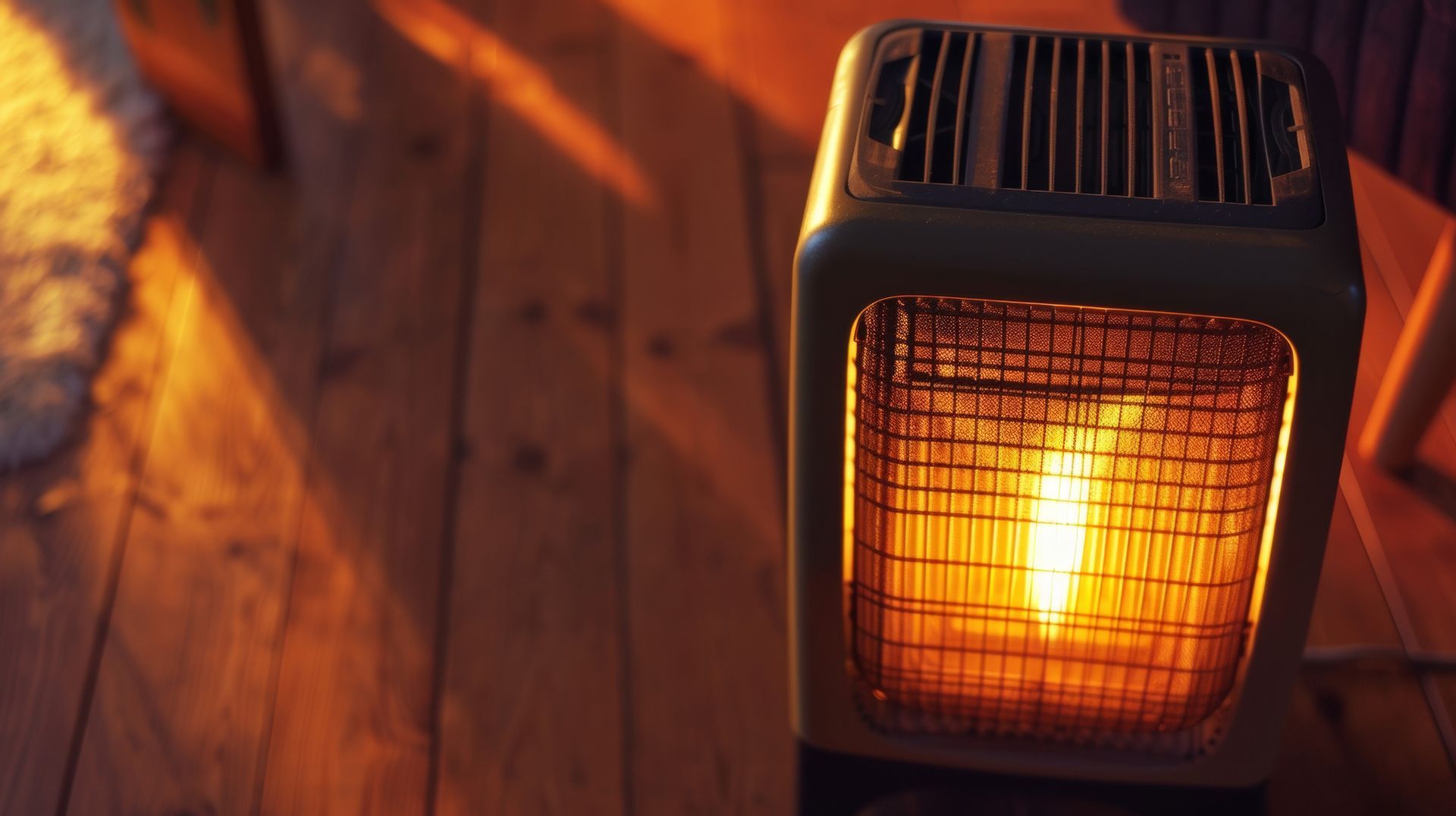 A heater is sitting on a wooden floor in a living room | Space Heater Safety Tips