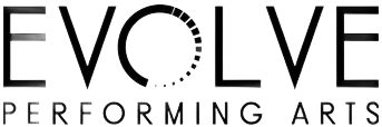 EVOLVE Performing Arts logo in black and gray text with a dotted circular “O”