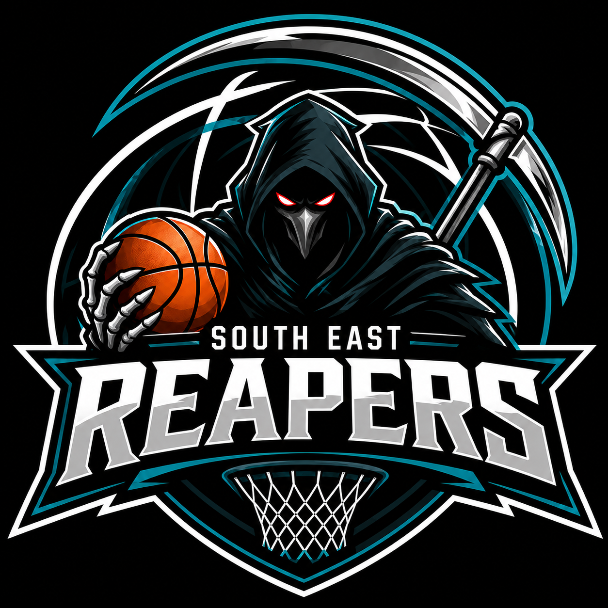 South East Reapers basketball logo with hooded grim reaper, orange ball, and silver scythe