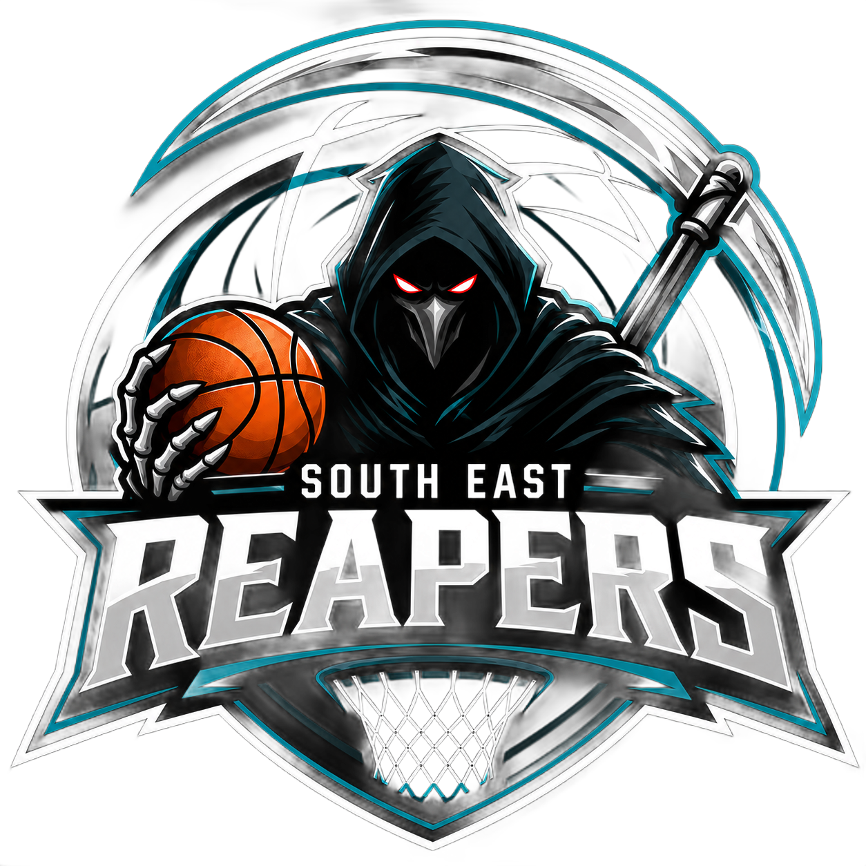 South East Reapers basketball logo with hooded grim reaper, scythe, and orange basketball