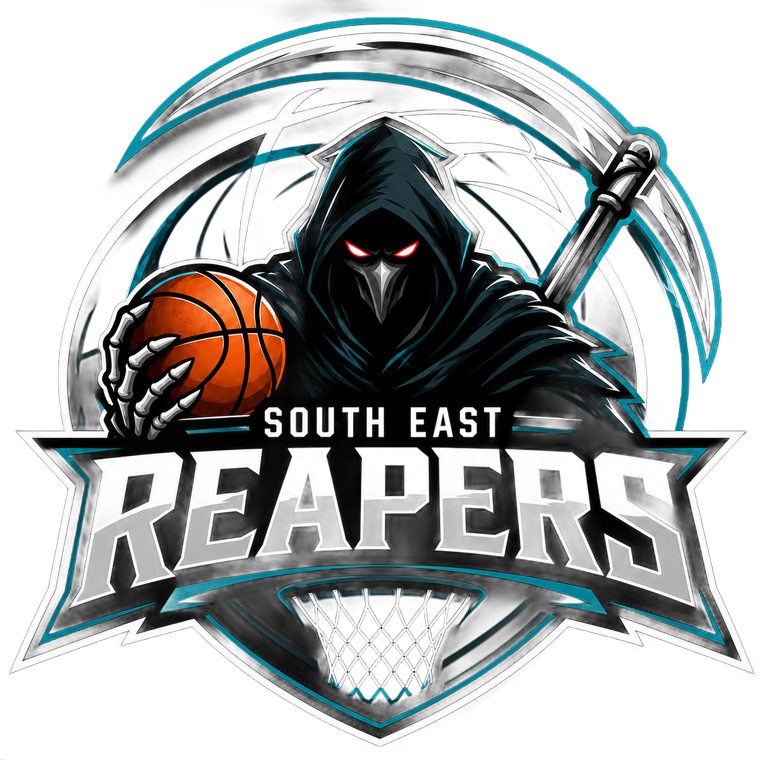 South East Reapers basketball logo with hooded grim reaper, scythe, and orange basketball