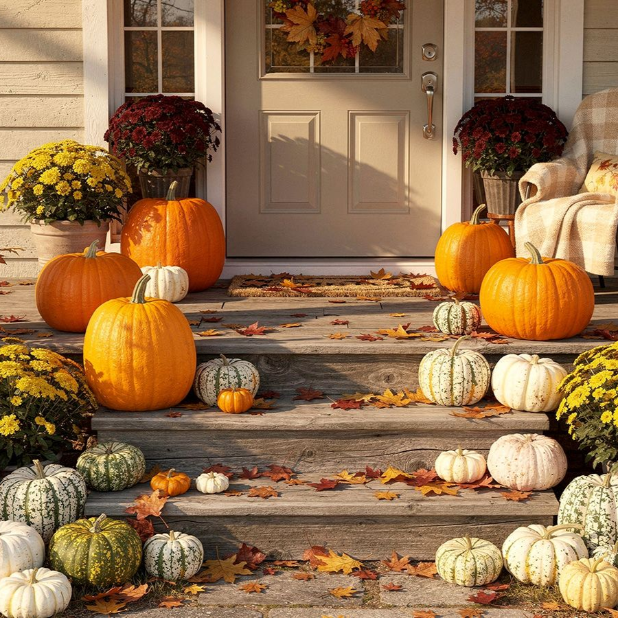 Golden Harvest porch pumpkins Fall designs for your home or business by Logan's Garden Shop.