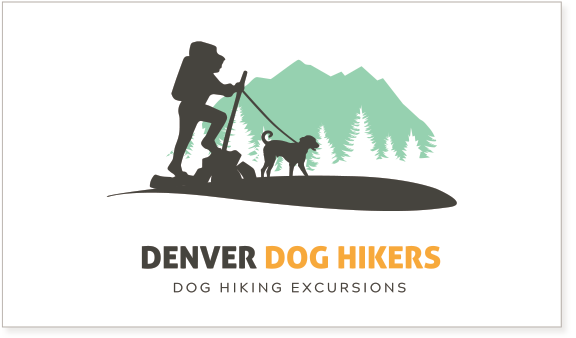 Logo for Denver Dog Hikers with a hiker and dog silhouette against green mountains