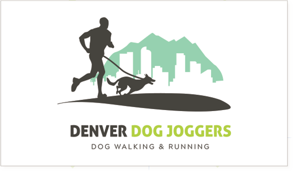 Denver Dog Joggers logo with runner and dog in front of green mountains and city skyline