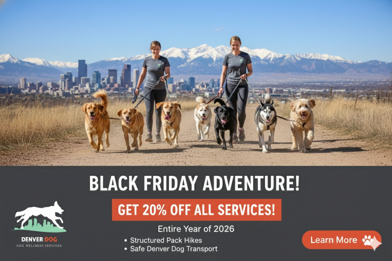 Two people walk dogs in a field with city skyline and mountains; Black Friday pet service sale banner.