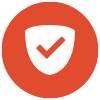 Orange circle with a white shield and red checkmark icon