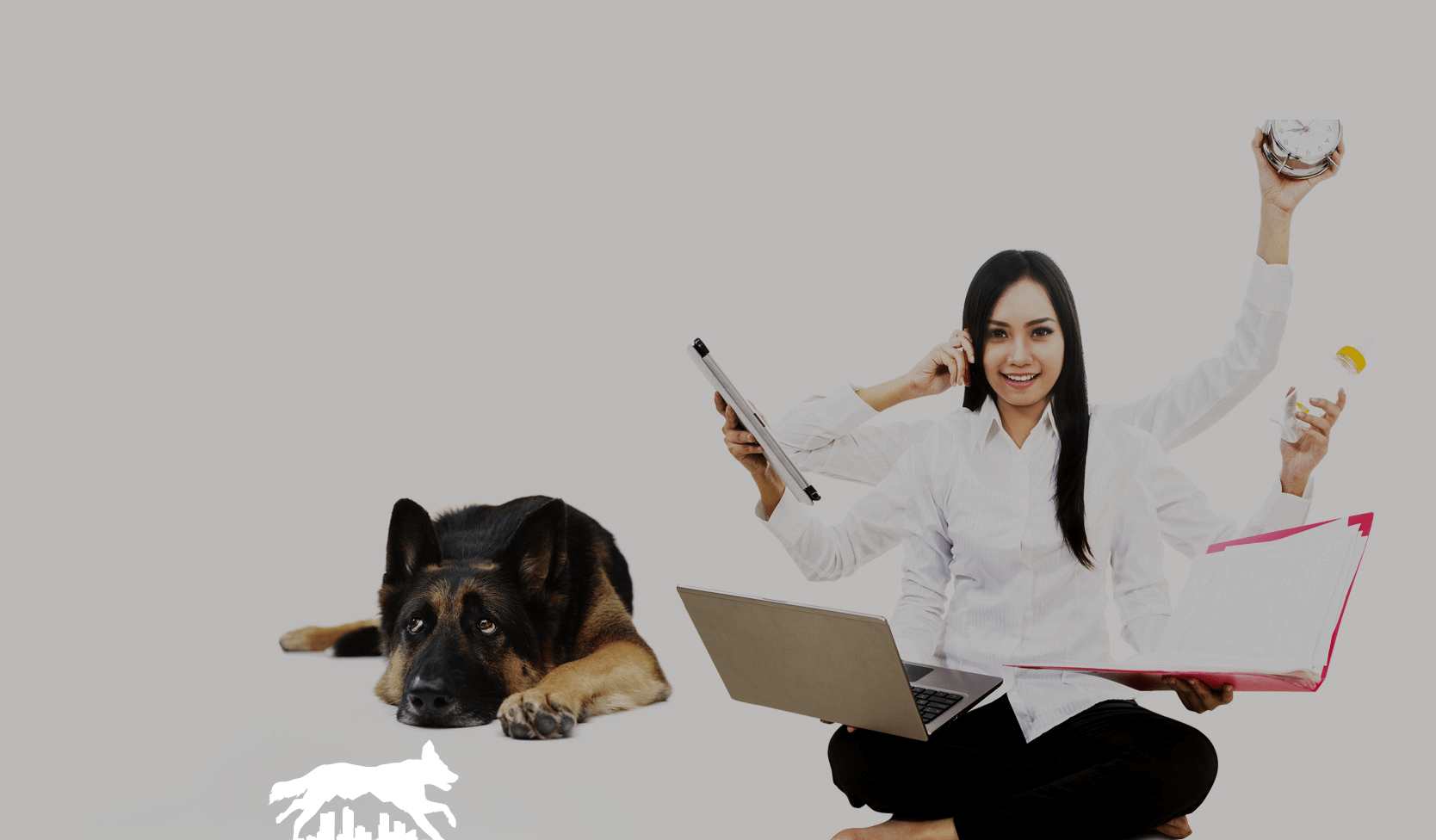 Woman in white holding a pen and certificate, sitting by a dog on a white background
