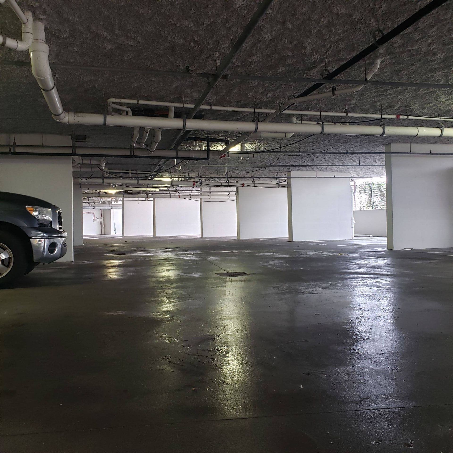 A gray, wet concrete parking garage with white pillars and exposed pipes running along the ceiling.