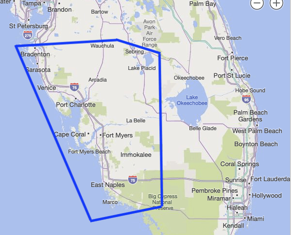 A map of florida with a blue circle around it