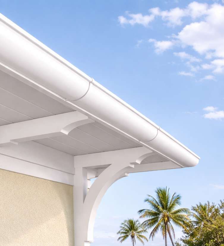 White house eaves and decorative trim against blue sky with palm trees