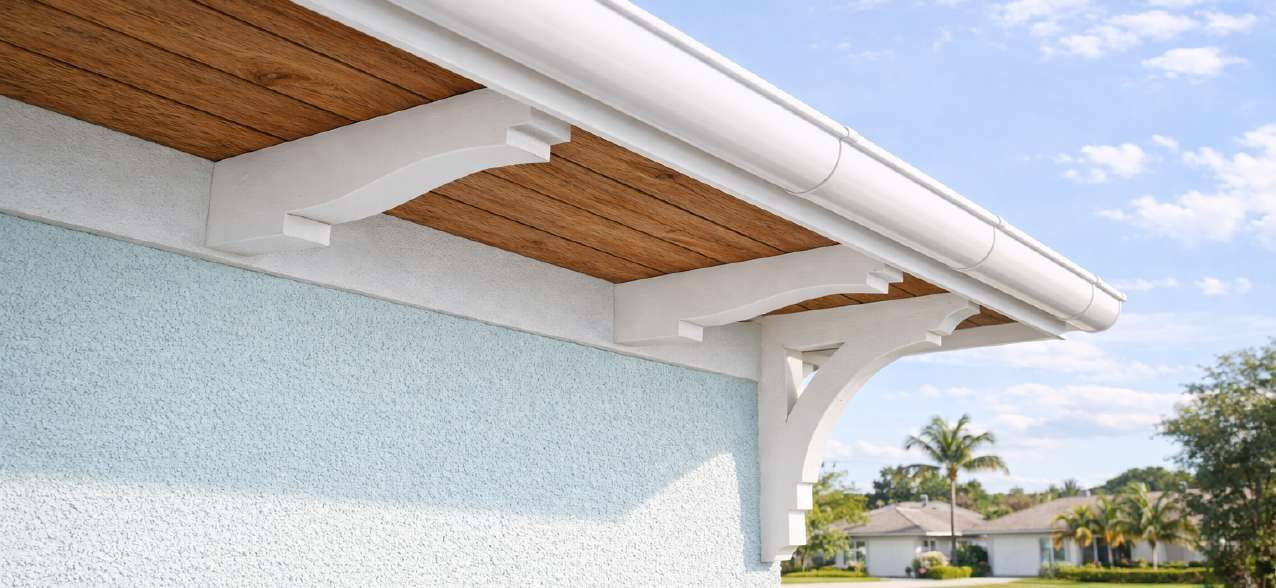 White eaves and trim on a building with a light blue wall and wood-paneled soffit against a blue sky