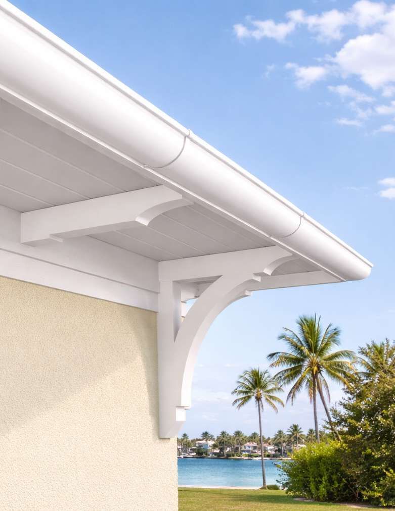 White house eave and decorative bracket over a tropical waterfront with palm trees and blue sky