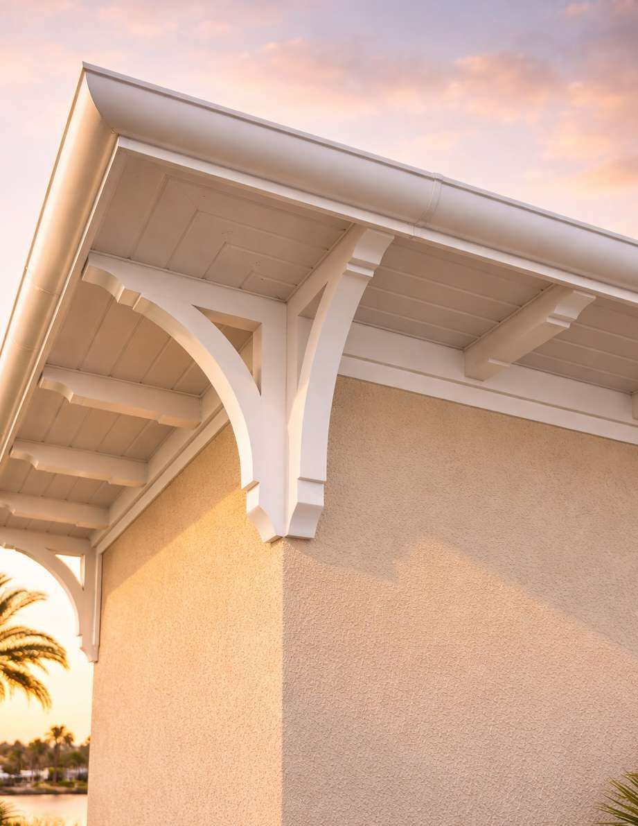 White wooden roof brackets beneath a tan building eave at sunset, with a palm tree in the background