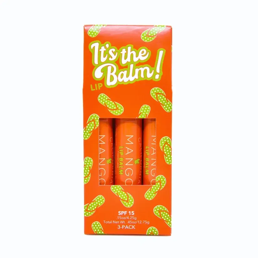 Orange “It’s the Balm!” lip balm gift set with three coral tubes in a clear window packaging