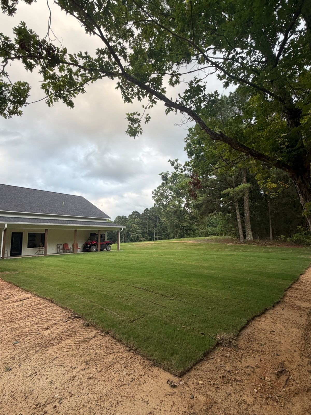 Grassy backyard beside a house, bordered by trees and a sandy path under cloudy skies