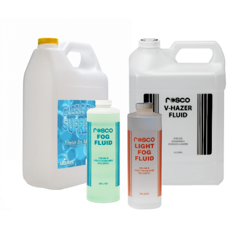 Several containers of fog, haze, and bubble fluids for stage lighting.