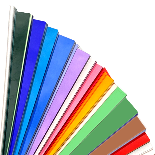 Assortment of colorful book spines fanned out against a white background, showing blue, green, red, and other hues.