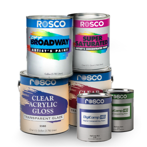 Paint cans from the Rosco brand: Broadway, Super Saturated, Clear Acrylic Gloss, DigiComp HD, and other paint varieties.