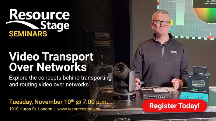 Resource Stage seminar ad for “Video Transport Over Networks” with a red Register Today button