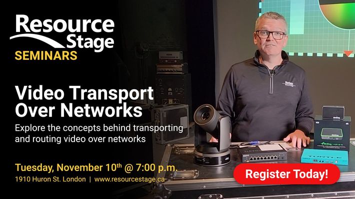 Resource Stage seminar ad for “Video Transport Over Networks” with a red Register Today button