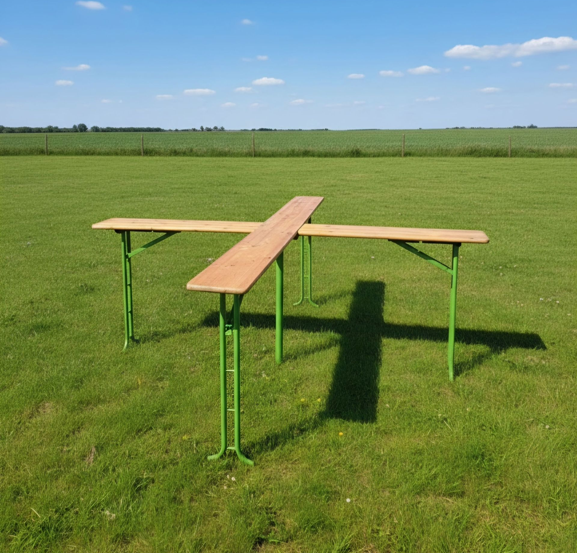 Groene evenwichtsbalk op palen in een zonnig grasveld onder een blauwe hemel