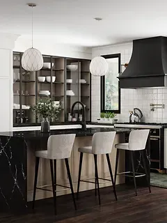 A kitchen with a large island , stools , a sink and a window.