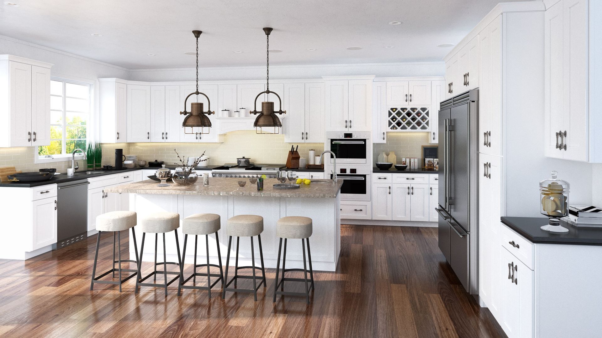 A kitchen with white cabinets , stainless steel appliances , and a large island.