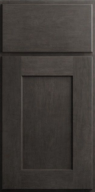 A close up of a gray cabinet door on a white background.