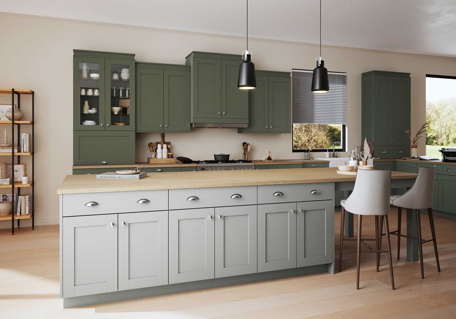 A kitchen with green cabinets and a large island
