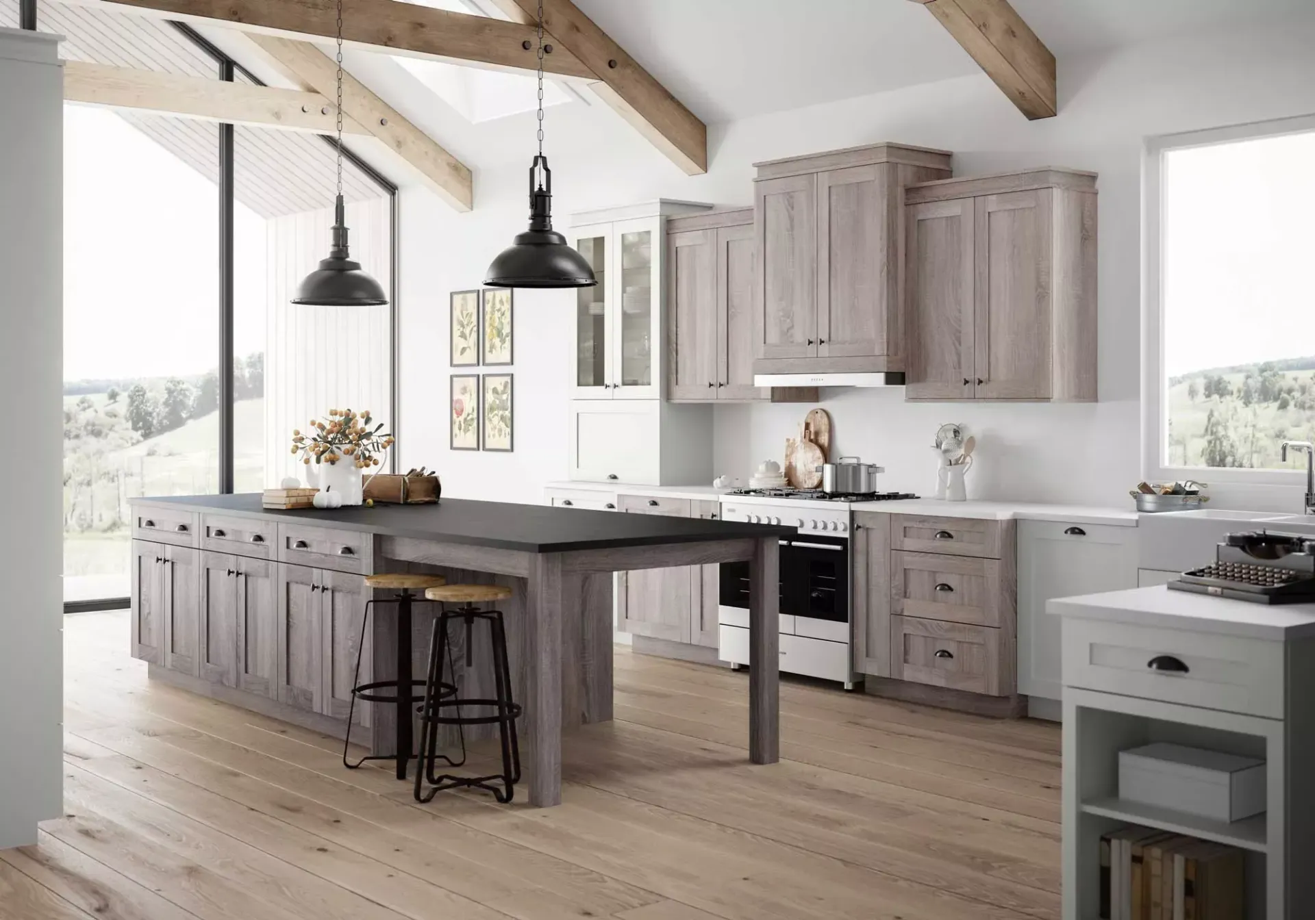 A kitchen with a large island in the middle of the room.
