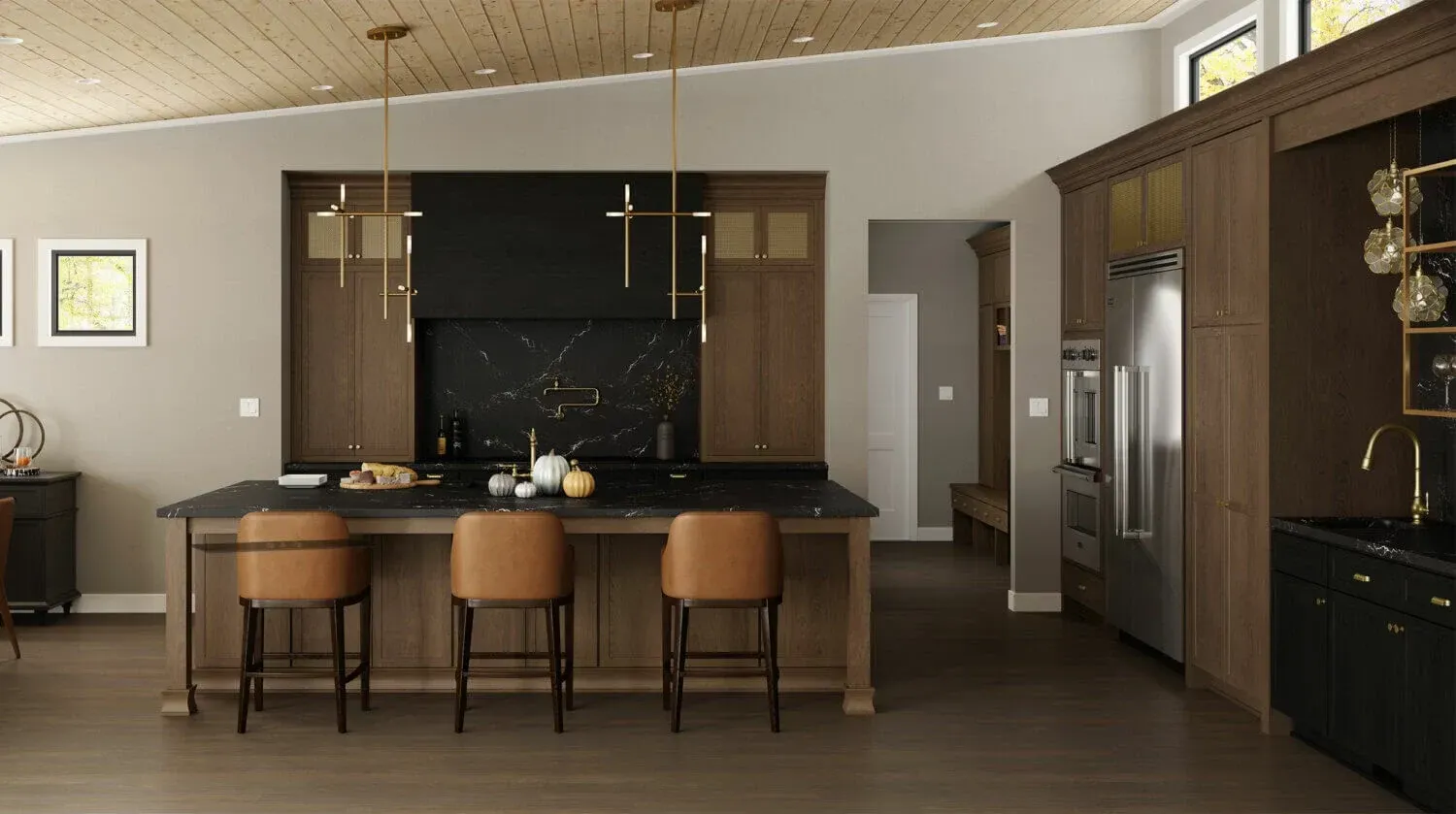 A kitchen with a large island and stools