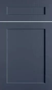 A close up of a blue kitchen door with a white line on it.