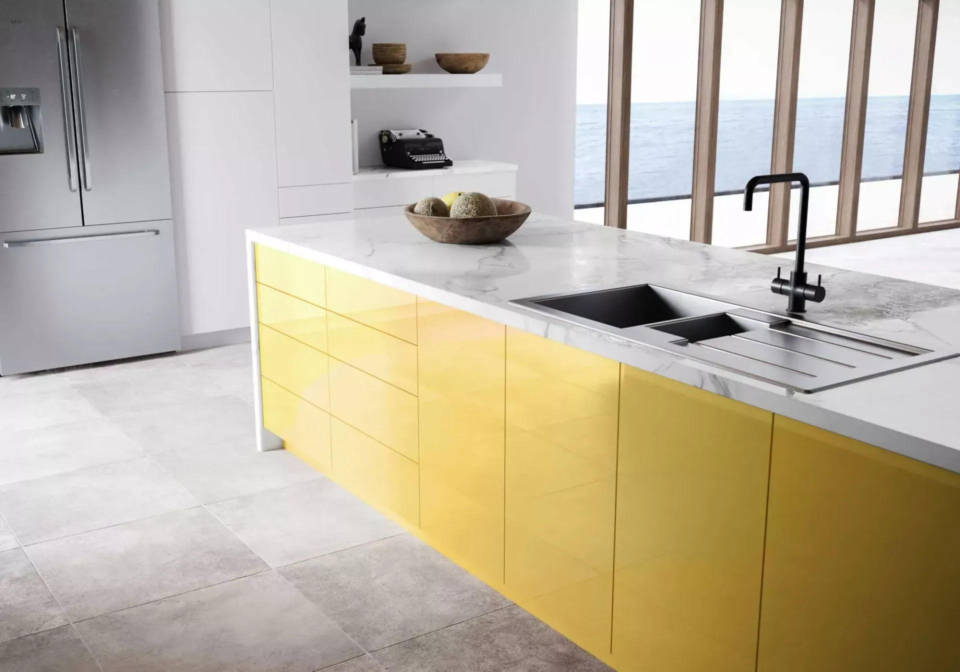 A kitchen with yellow cabinets , a sink , and a refrigerator.