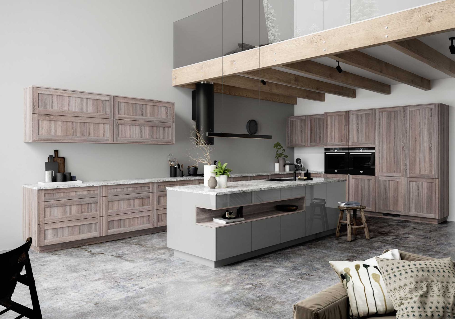 A kitchen with wooden cabinets and a large island in the middle of the room.
