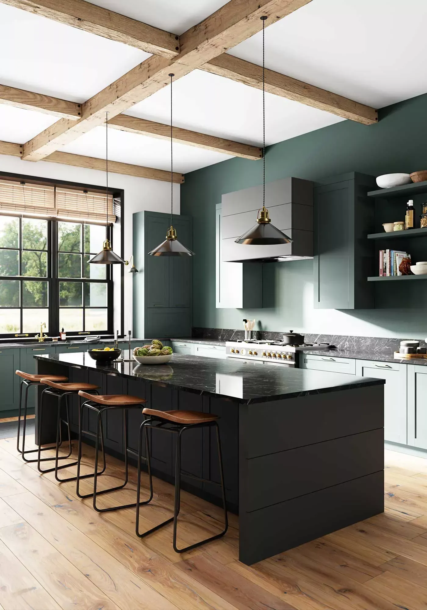 A kitchen with a large island and stools.