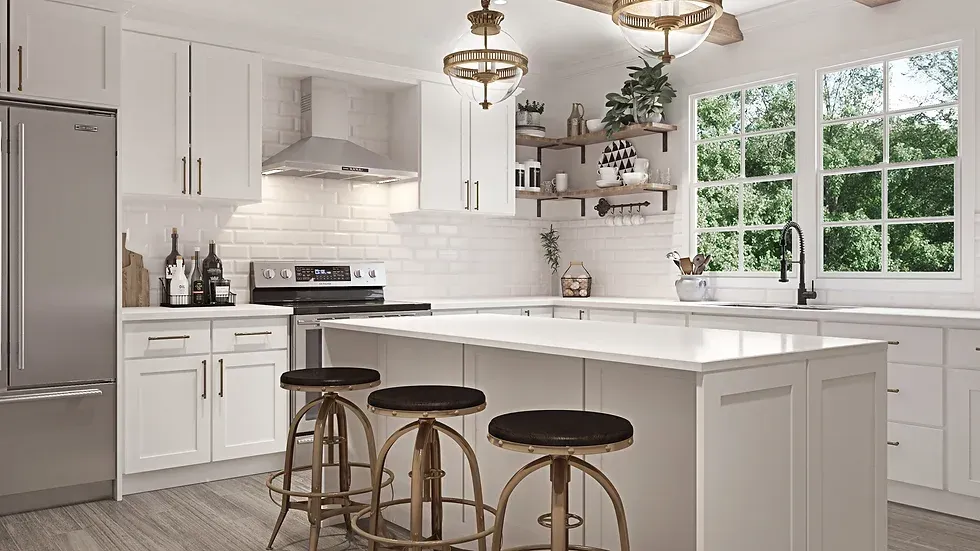 A kitchen with white cabinets , stainless steel appliances , and a large island.