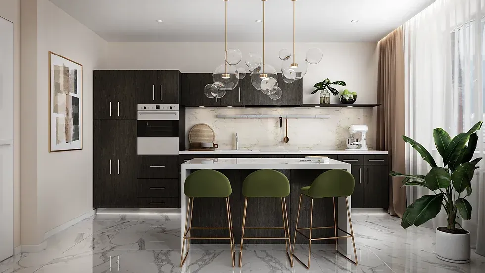 A kitchen with a large island and green stools.
