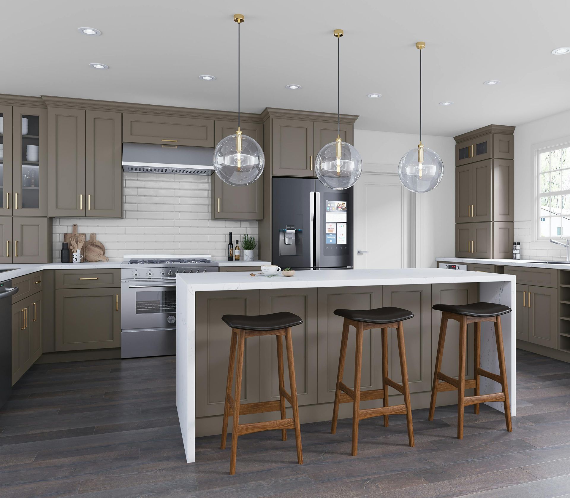 A kitchen with a large island and stools