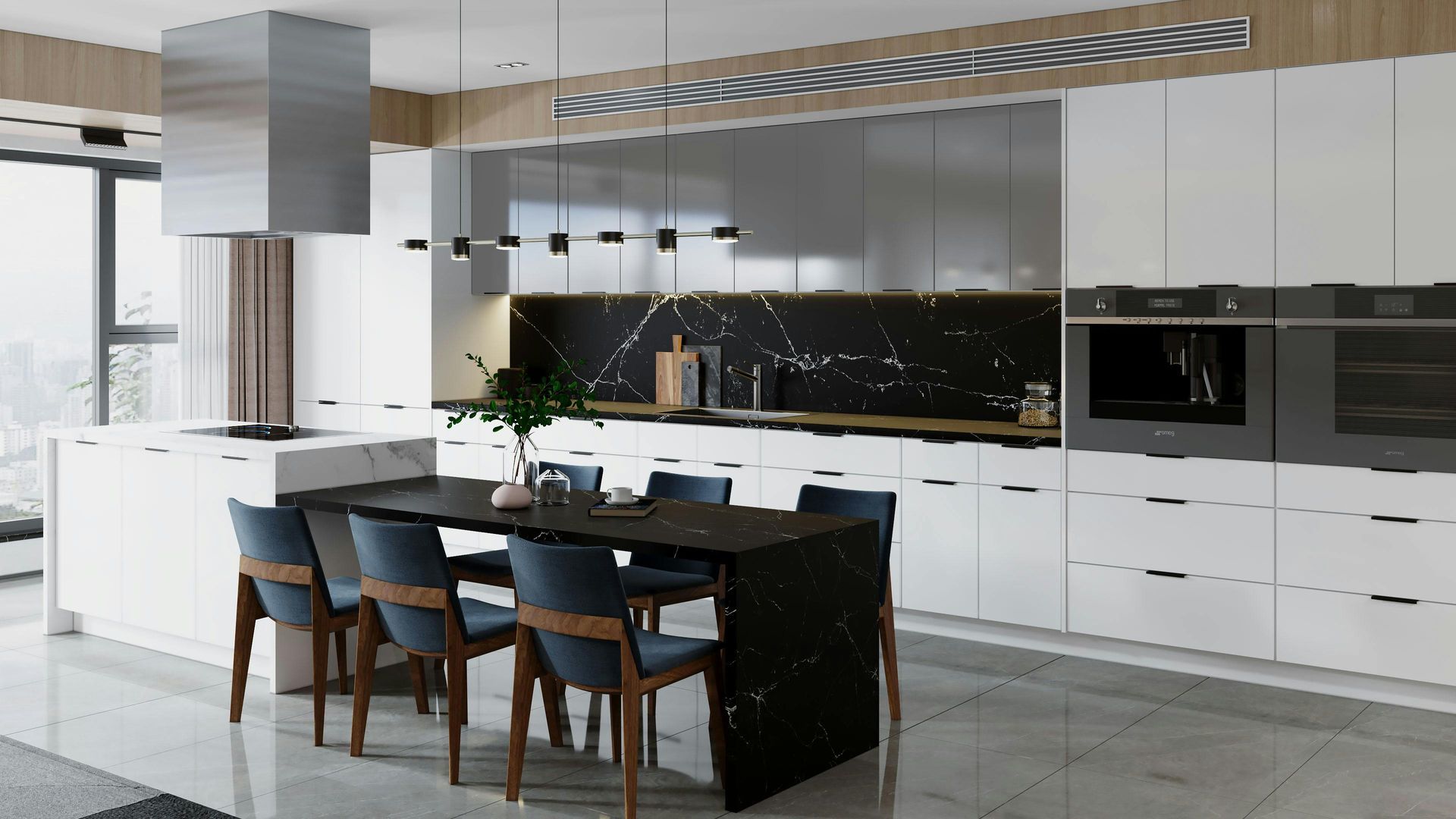 A kitchen with a table and chairs in it