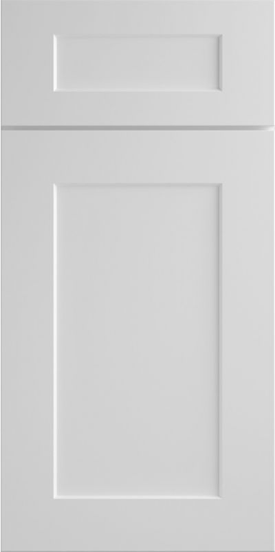 A close up of a white cabinet door on a white background.
